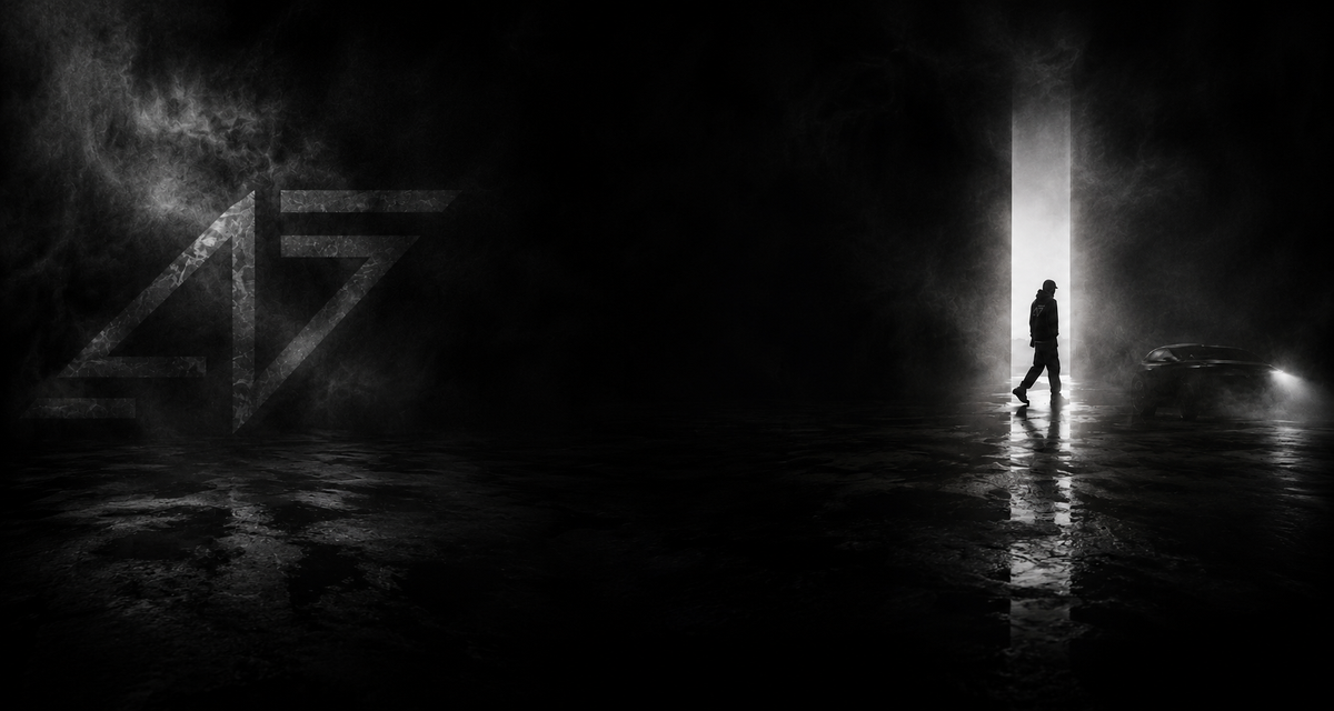 Black and white moody scene with a silhouetted person walking toward a bright vertical doorway in a dark, smoky environment. A large stylized geometric logo appears on the left, and a car is faintly visible on the right.